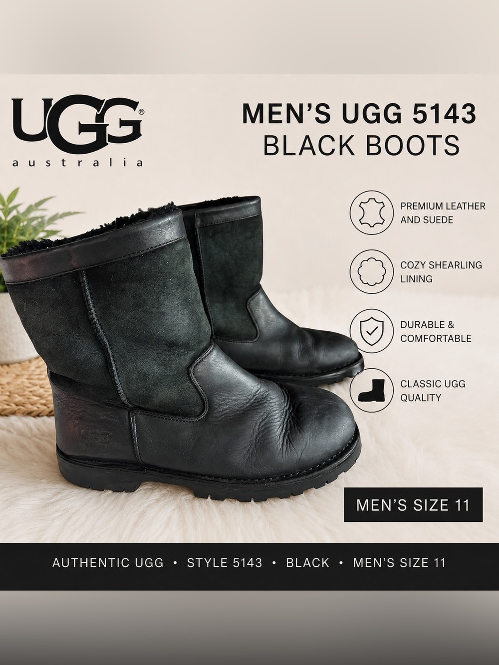 UGG Men's Black Leather Suede Short Shearling Lined Boots Size 11 Snow Winter